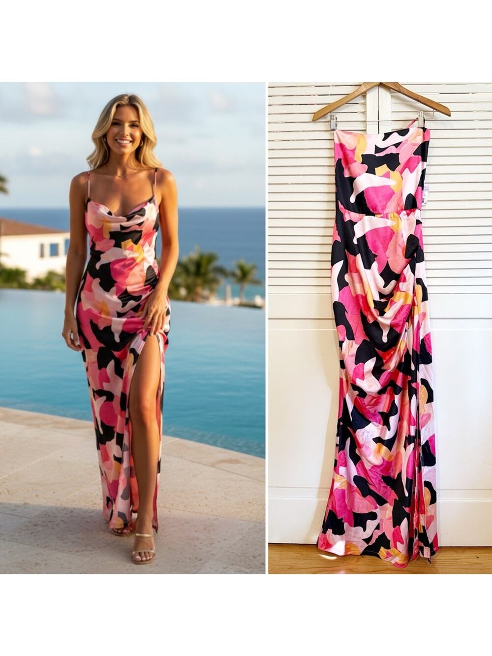 NWT NEW Club L London A-List Pink Printed Cowl Neck Satin Maxi Dress - Picture 1 of 10